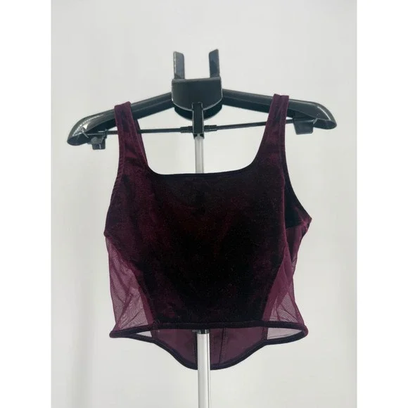 Burgundy Velvet Corset Top Mesh Panel Bustier Crop Tank Y2K Clubwear Soft - Picture 2 of 6